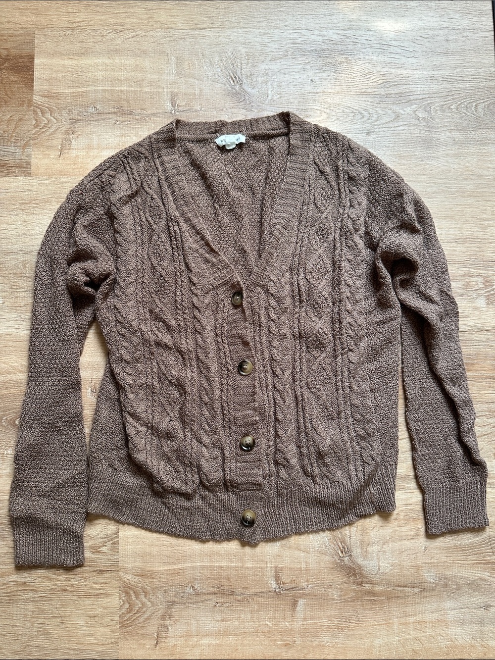Blu Pepper Brown Cable-Knit Button Front Cardigan